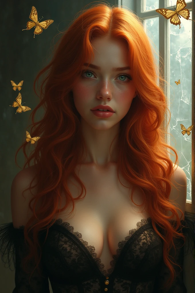 (solo, full body photo:1.3), (action packed:1.3), (haze, fog, mist:1.3), chiaroscuro, best quality, photorealistic, 1woman, (cute), (24yo:1.2), redhead, long ginger hair highly detailed, 1700'S, digital photography, art by artgerm and ruan jia and greg rutkowski surreal painting gold butterfly filigree, broken glass, (masterpiece, sidelighting, finely detailed Fashionable eyes: 1.2) (perfect oval large eyes that gazes at the viewer), beautiful detailed face, blue gorgeous perfect eyes, (blonde hair ponytail), (attractive young woman:1.3), (thick amazing hair), (seductive:1.1), (blushing:1.1)