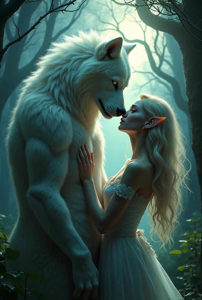 A werewolf with white fur , with green eyes . Blonde haired vampire girl with blue eyes and pointed ears falls in love.