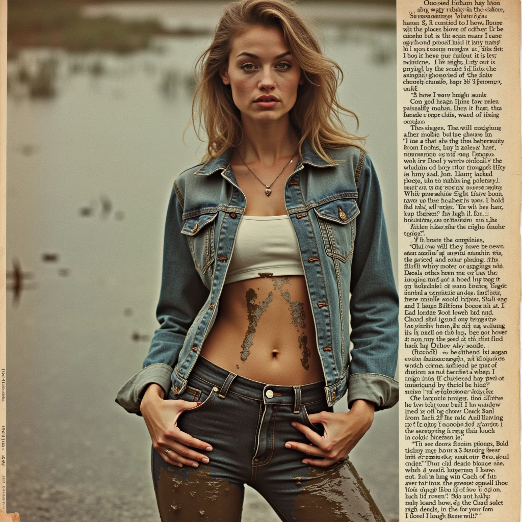 90s vintage glamour magazine setting, article with text and schema, tight dirty mud-covered jeans and denim jacket and t-shirt, woman drowning deep in mud, attention-grabbing, sensation, abstract background, bizarre art, posing