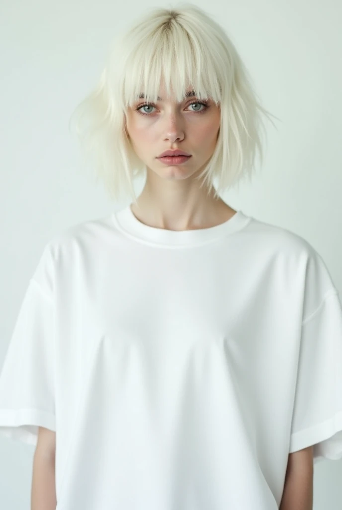Create a layout for a ecommerce website that is predominantly black white and grey and minimalist that sells white and black Tee Shirts only, incorporate and display albino male model and dark female model in create ways posing and modelling, Company name is "Blanco De Nero"