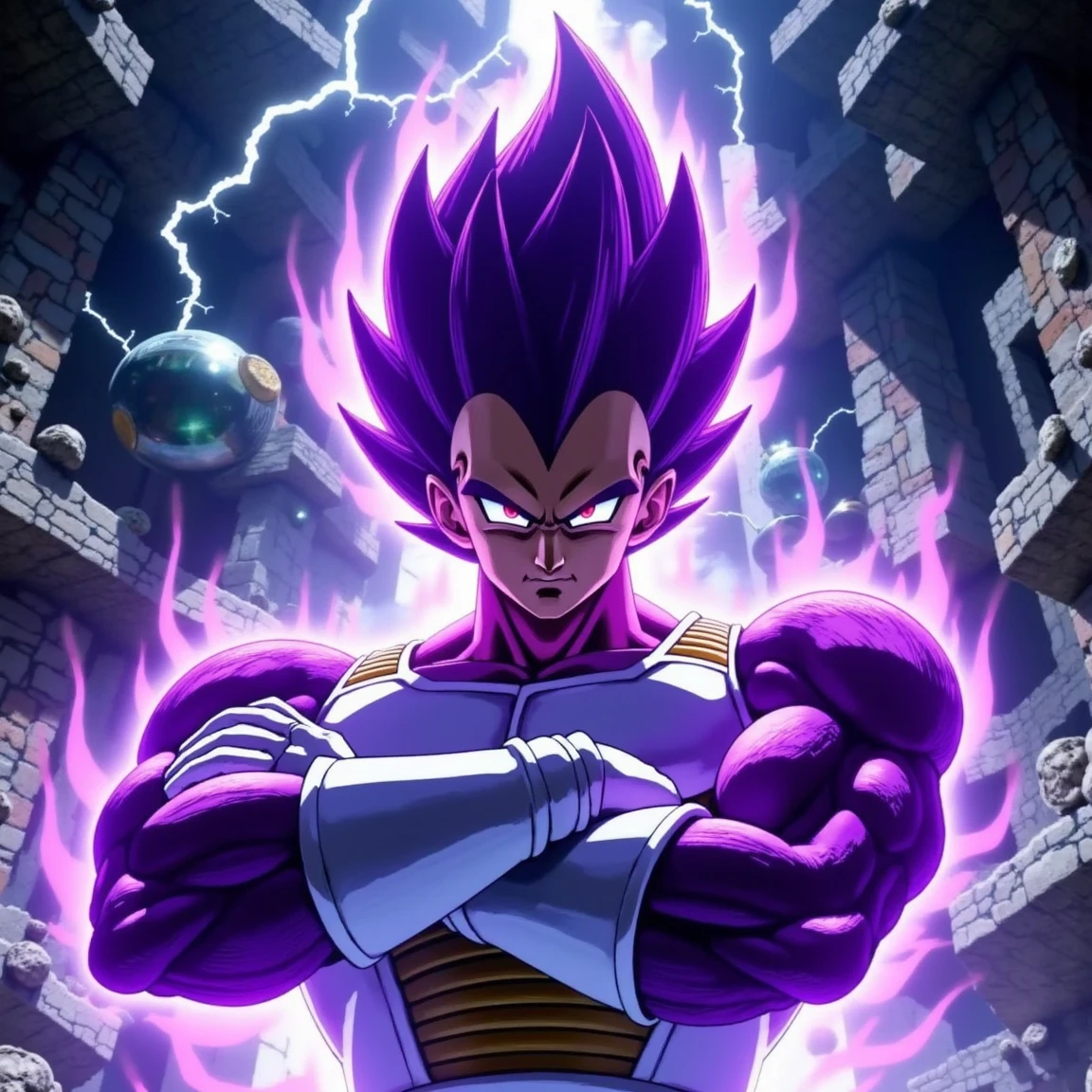 Cinematic, Hyperrealism, High Resolution, Masterpiece, Super Detailed, Backlighting, Silhouette, Reflection Light, 3d, Photorealism, Close-Up, Eye-Level Shot, Ultra Ego Vegeta with glowing purple vegeta hair, no hair on brows, red glowing eyes, manic and confident smile, arms crossed, head cocked to the side, donned in typical saiyan undersuit and white gloves, intense smooth purple flowing power coats his body filling the frame, electricity pulses, fill frame, Hyperdetailed, Dragon Ball Super