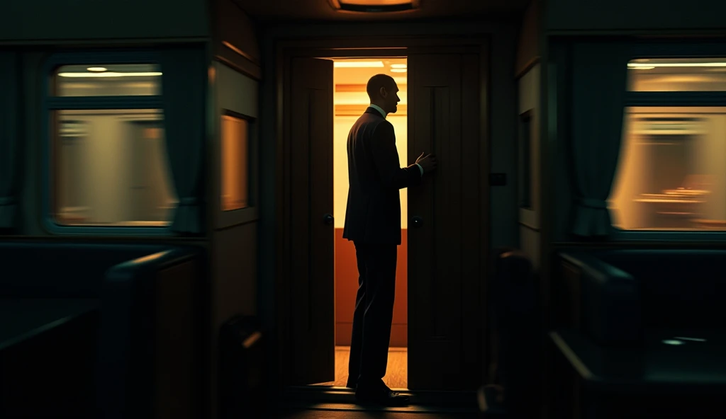 Figure of a tall and thin man at the door of my cabin inside the train at night