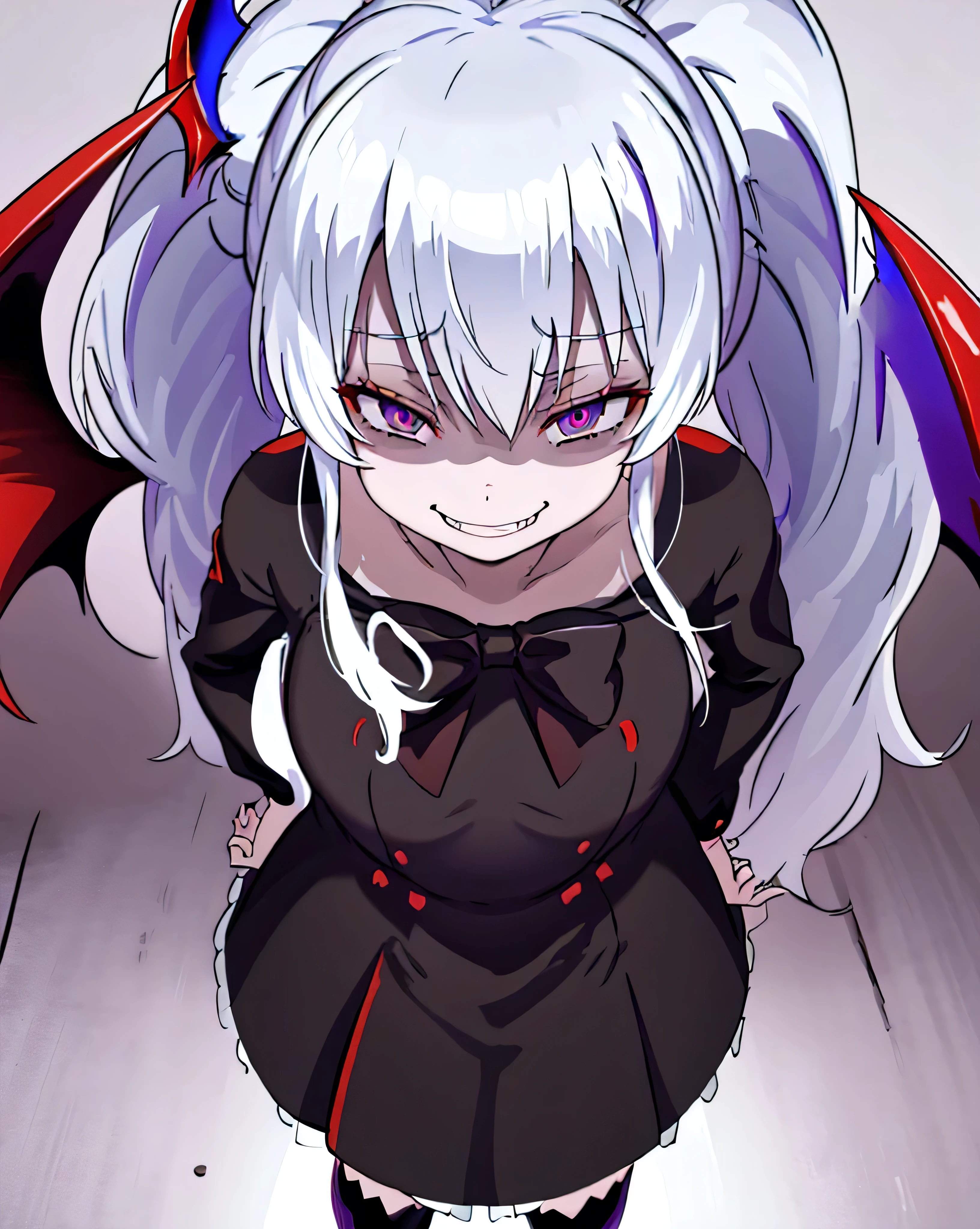 1girl,Alone,grim aloe,demon horns, black_dress,standing,cowboy shot,  demon wings, albino,evil smile, naughty face, hand on hip, ojou-sama pose,  Shadowed face(shadow eyes ),five fingers,