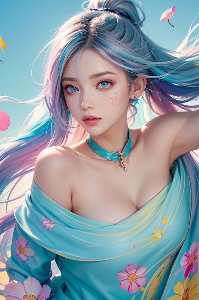 （wearing a sky blue color bikini），light purple hair, front, comics, illustrations, paintings, large eyes, green eyes,（ high ponytail：1.7）, exquisite makeup, long eyelashes, looking at the audience, （solo：1.8） Vertical Painting, Upper Body, Paint Splash, Acrylic Pigment, Gradient, Paint, Highest Image Quality, Highest Quality, Masterpiece, Solo, Depth of Field, Face Paint,  clocolorful thes, (Elegant: 1.2), gorgeous,long hair, wind, (Elegant: 1.3), (Petals: 1.4)，(((masterpiece))),(((best quality))),((ultra-detailed)),(illustration),(dynamic angle),((floating)),(paint),((disheveled hair)),(solo),(1girl) , (((detailed anima face))),((beautiful detailed face)),collar,bare shoulders,white hair, ((colorful hair)),((streaked hair)),beautiful detailed eyes,(Gradient color eyes),(((colorful eyes))),(((colorful background))),(((high saturation))),(((surrounded by colorful splashes))),