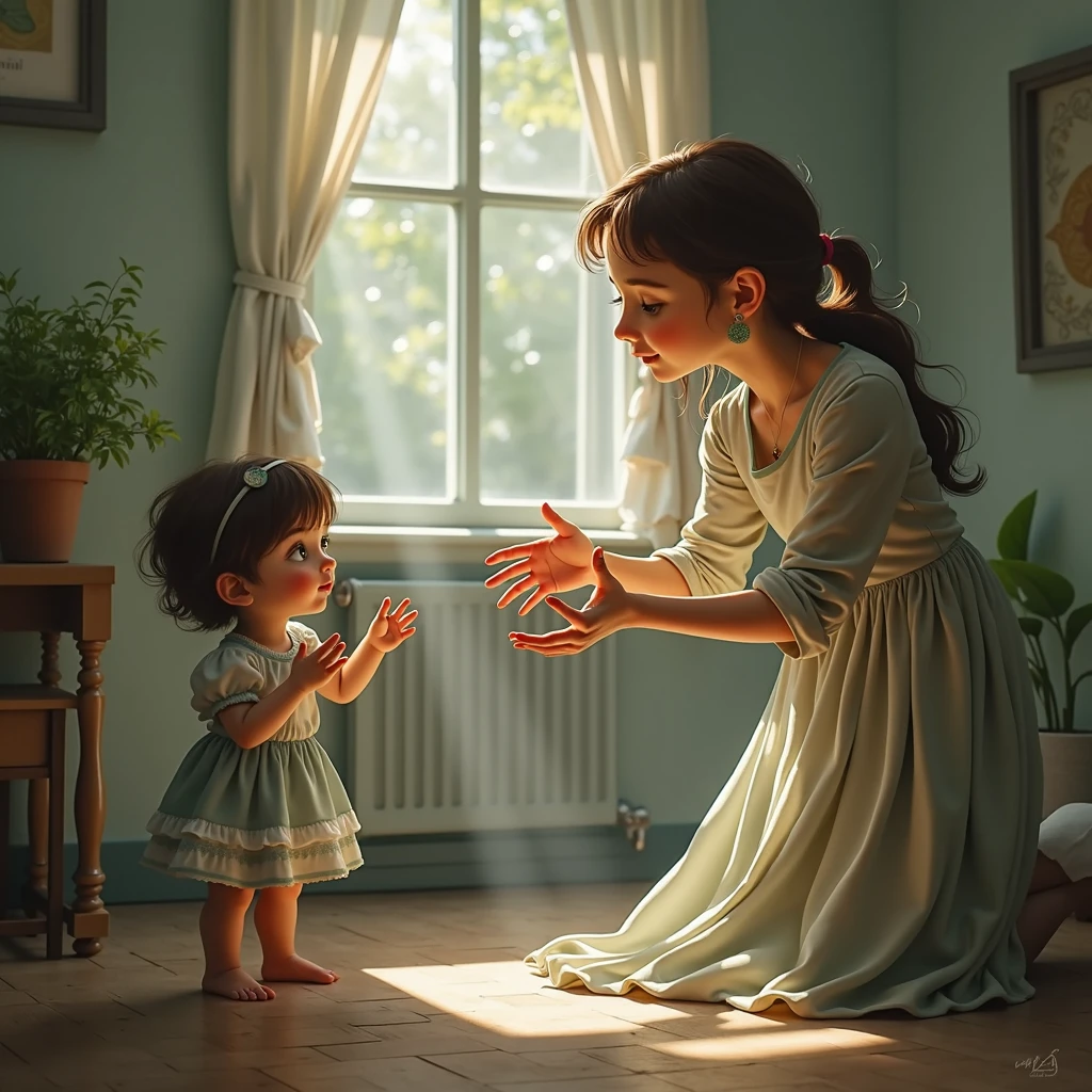 A touching moment as a mother helps her take their first steps. Experienced skill, masterful detailing, delicate and beautiful, dynamic angle, warm lighting, emotional expression, intimacy, tender touch, wide shot, overflowing family love, super high resolution, 8k, hd, highly detailed