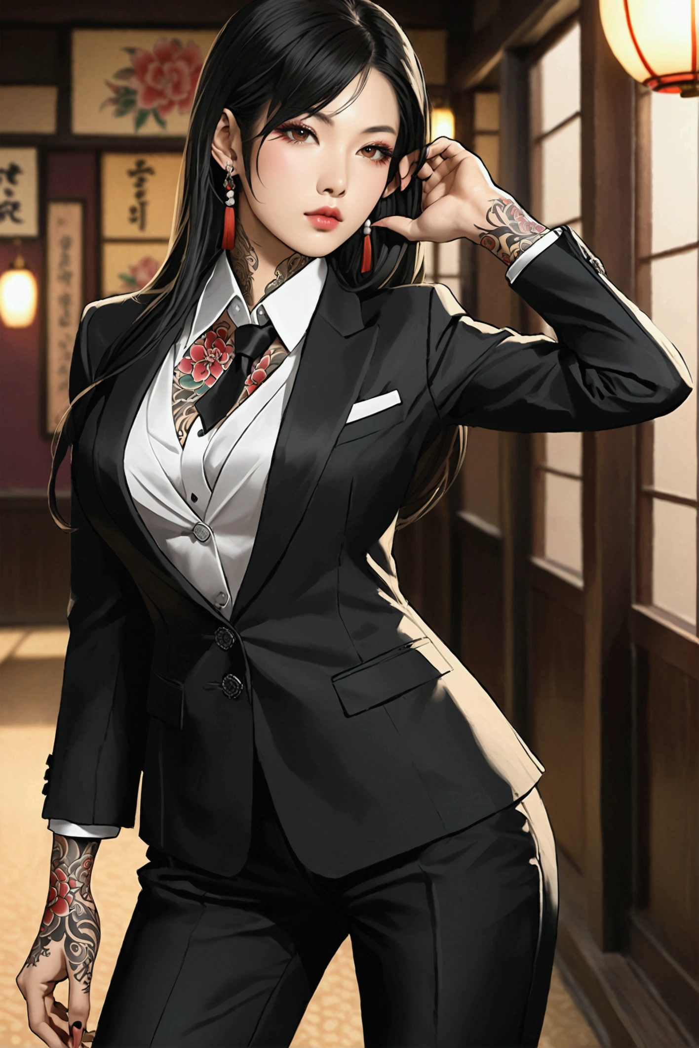 Create an image of the most stunningly gorgeous beautiful feminine young Korean yakuza, Korean yakuza tattoos, long flowing black hair, light makeup, lip gloss, stunningly gorgeous beautiful feminine face, perfect hour glass body figure, perfect breast, suit pants,  open suit jacket, 