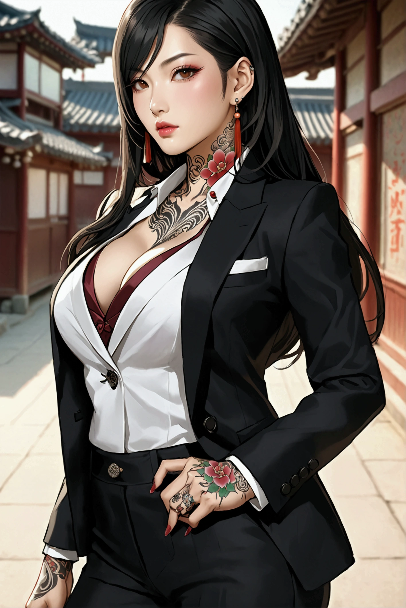 Create an image of the most stunningly gorgeous beautiful feminine young Korean yakuza, Korean yakuza tattoos, long flowing black hair, light makeup, lip gloss, stunningly gorgeous beautiful feminine face, perfect hour glass body figure, perfect breast, suit pants,  open suit jacket, 