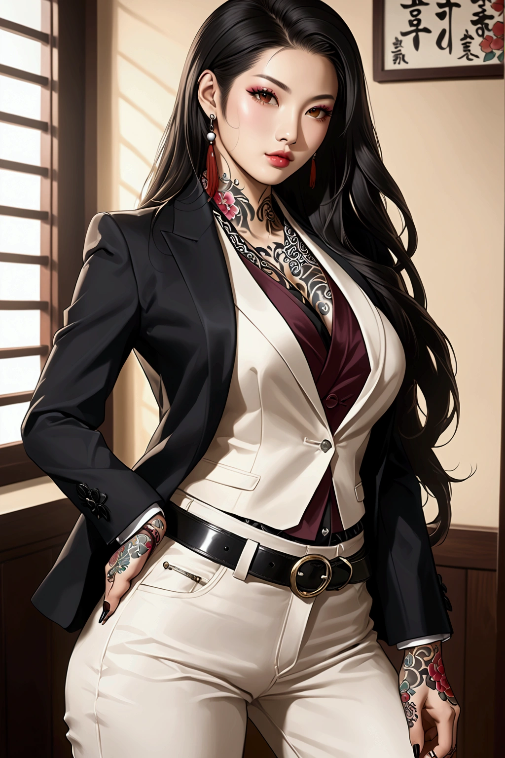 Create an image of the most stunningly gorgeous beautiful feminine young Korean yakuza, Korean yakuza tattoos, long flowing black hair, light makeup, lip gloss, stunningly gorgeous beautiful feminine face, perfect hour glass body figure, perfect breast, suit pants,  open suit jacket, 