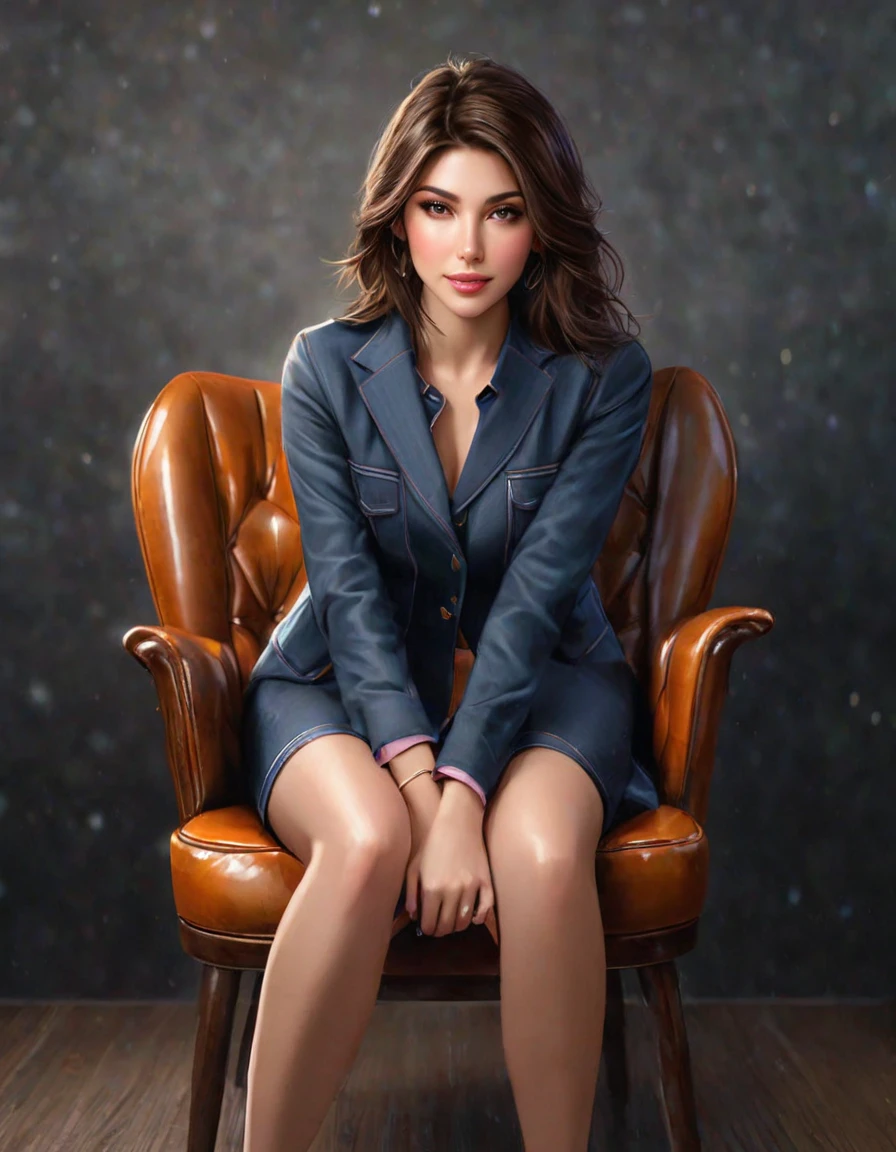 , a woman sits on a chair,  with her hands on her knees , photo realistic illustration, hyper realistic illustration, fully dressed . picture of sexy, Touching her clothes , ultra realistic illustration, ultra  realistic illustration, hyper  realistic illustration,  realistic illustration, photorealistic detail , hypper realistic illustration, extreme realistic detail, photorealistic detail ed picture,  sits on a person's fingertip unreal engine render concept art,