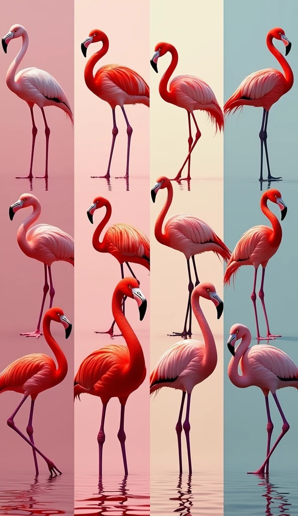Comparison between flamingos from different regions : An image showing flamingos from different locations, some pinker and others paler , illustrating how diet can affect color .