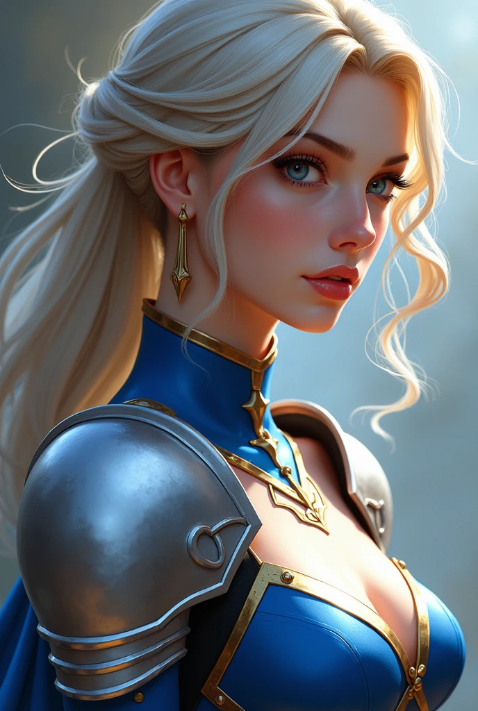 masterpiece,best quality,1girl, solo, blue eyes, blonde hair, long hair, armor, jewelry, looking at viewer, mole, upper body, earrings, parted lips, crown, gauntlets, gloves, shoulder armor, black gloves, bangs, lips, mole under eye