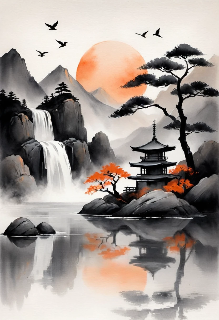 
4. Create an ink art scene inspired by traditional East Asian aesthetics. The image should feature a solitary bonsai tree on a rock, clearly separate from an East Asian pagoda in the background. The sun should be a soft, muted circle, smaller in size, casting a warm glow. Use a color palette of soft oranges, deep blacks, and muted grays to evoke tranquility. Include silhouettes of birds in flight and maintain a minimalistic, graphic style, ensuring there are no realistic textures or excessive details. The background should suggest mountains and a waterfall, but with a focus on simplicity and harmony.