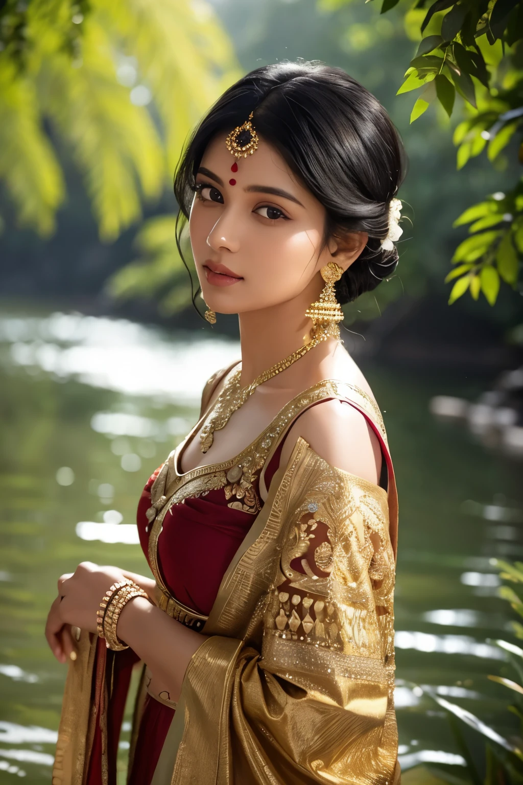 realistic indian girl with black hair by a riverside, detailed facial features, flawless skin, bindi mark, big and expressive eyes, beautiful detailed lips, extremely detailed face, long eyelashes, intricate jewelry, elegant traditional indian dress, cinematic lighting, lush greenery, tranquil river, golden hour lighting, photorealistic, 8k, high quality, masterpiece, vibrant colors, dramatic composition, full body