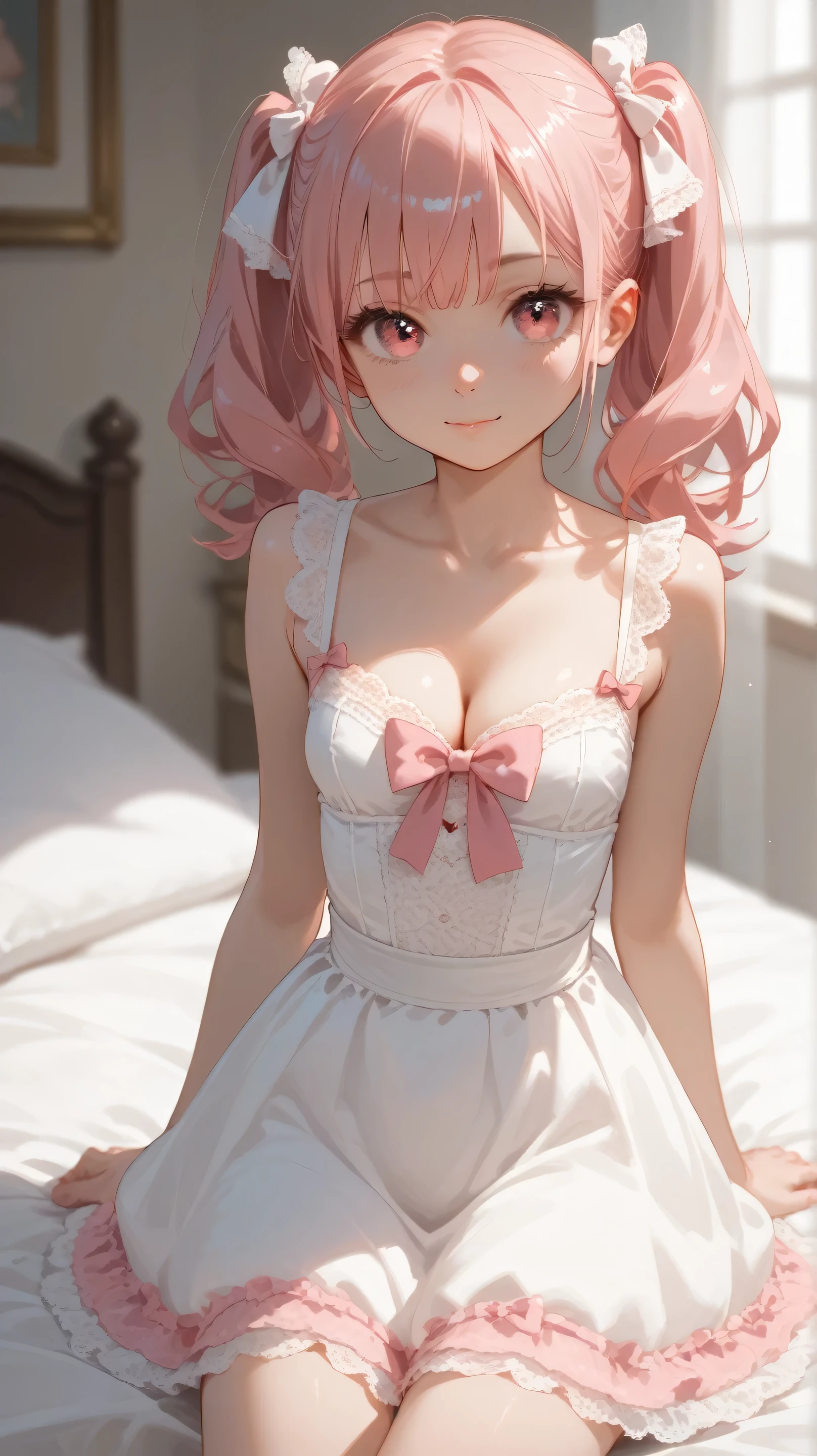big expressive eyes, cute face with soft skin, pink hair, tied into two neat ponytails, and always wears some kind of cute dress with lace and bows, cleavage, small breasts