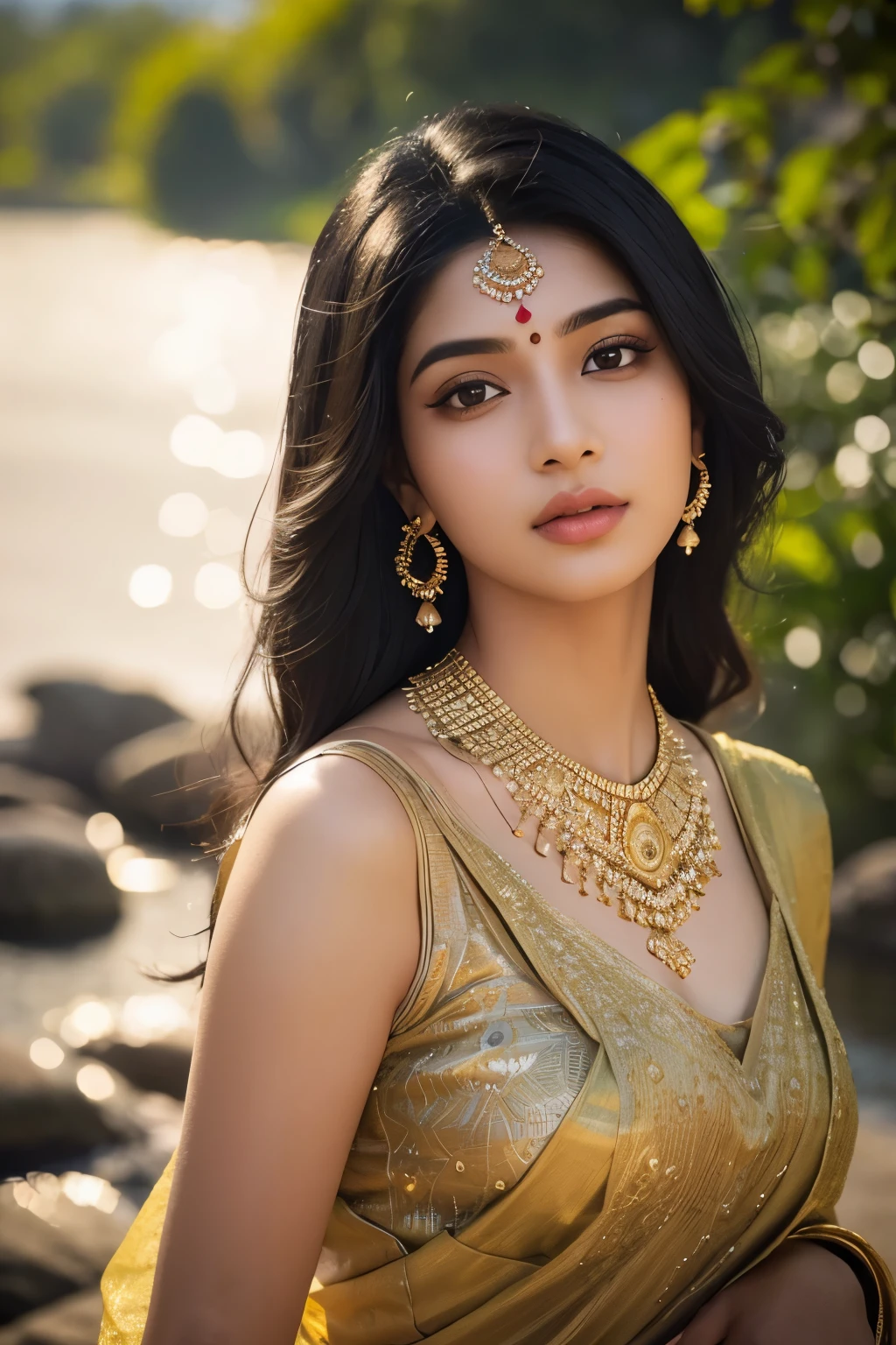 realistic indian girl with black hair by a riverside, detailed facial features, flawless skin, bindi mark, big and expressive eyes, beautiful detailed lips, extremely detailed face, long eyelashes, intricate jewelry, elegant traditional indian dress, cinematic lighting, lush greenery, tranquil river, golden hour lighting, photorealistic, 8k, high quality, masterpiece, vibrant colors, dramatic composition, full body