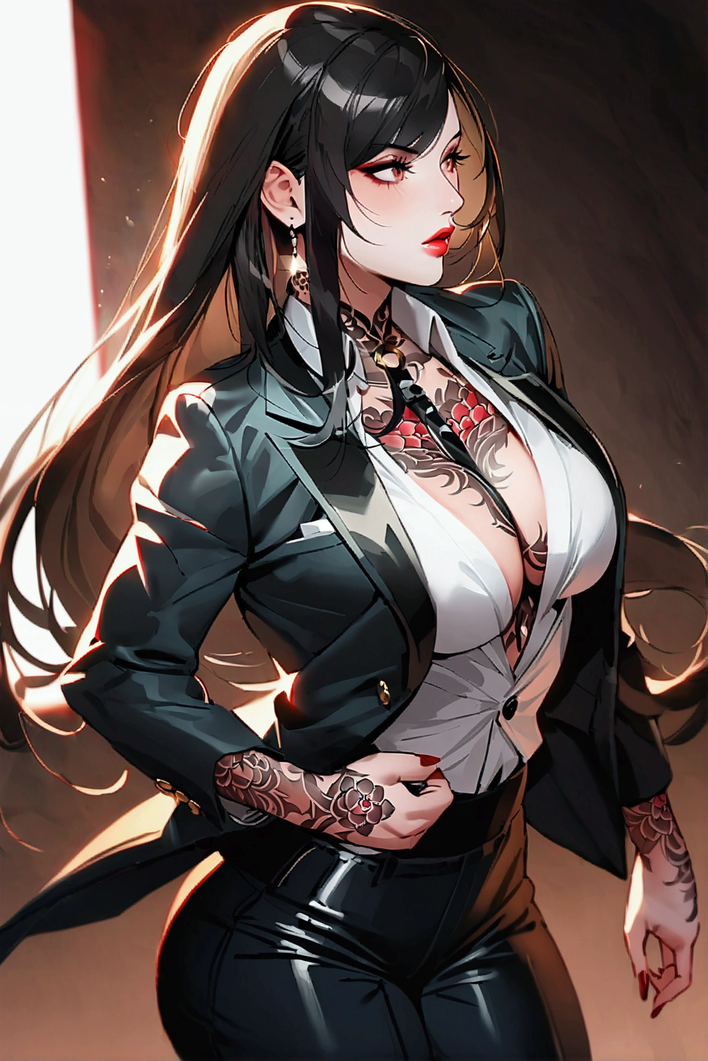 Create an image of the most stunningly gorgeous beautiful feminine young Korean yakuza, Korean yakuza tattoos, long flowing black hair, light makeup, lip gloss, stunningly gorgeous beautiful feminine face, perfect hour glass body figure, perfect breast, suit pants,  open suit jacket, 