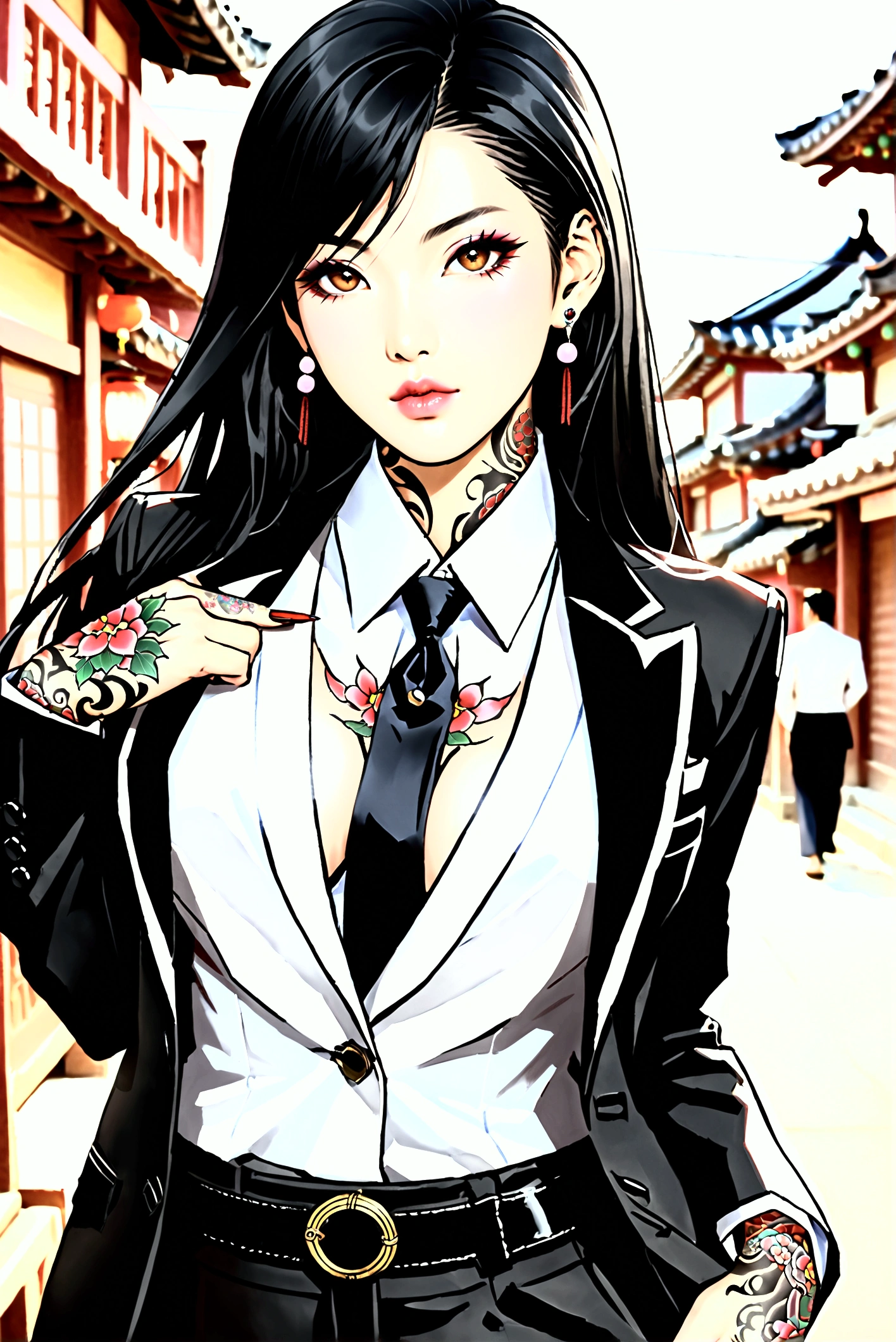 Create an image of the most stunningly gorgeous beautiful feminine young Korean yakuza, Korean yakuza tattoos, long flowing black hair, light makeup, lip gloss, stunningly gorgeous beautiful feminine face, perfect hour glass body figure, perfect breast, suit pants,  open suit jacket, 