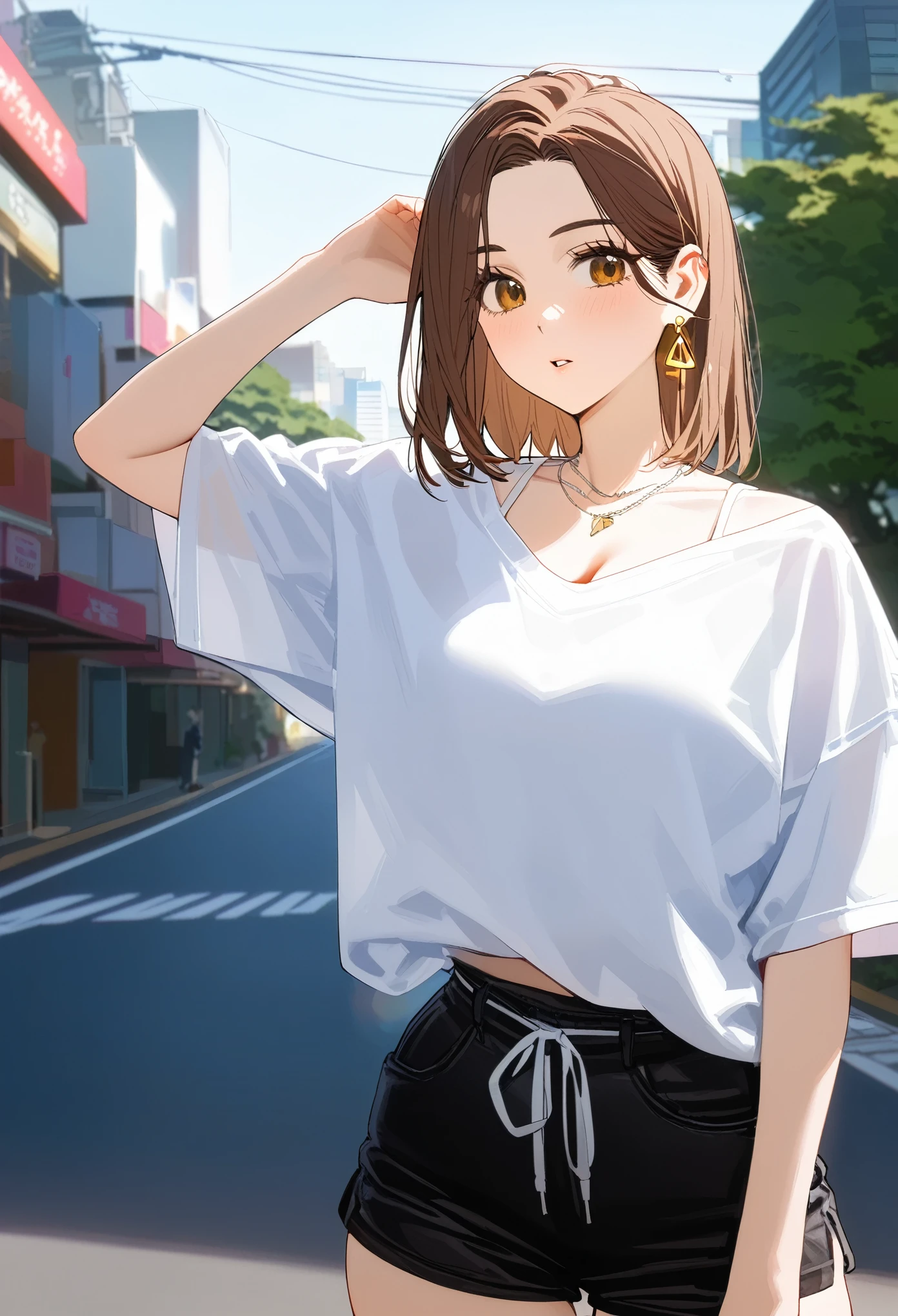 (masterpiece, best quality:1.2), 1 girl, alone, (adult, mature woman), tachibana kotoha, /(wind breaker/), looking at viewers, brown medium short hair, brown eyes, earrings, parted lips, oversized white t-shirts, black shorts, fashion, cleavage, (pose, model, photoshoot), in the middle of japanese city, tokyo