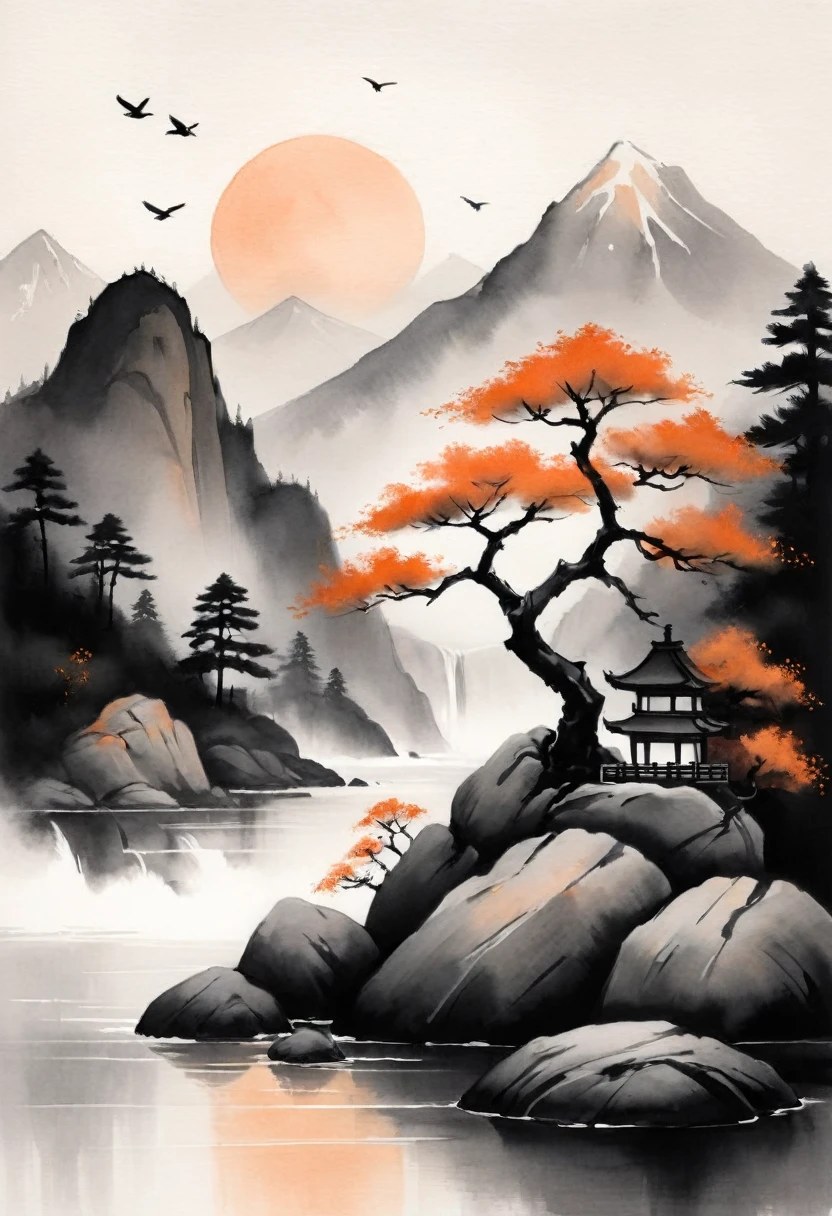  Create an ink art scene inspired by traditional East Asian aesthetics. The image should feature a solitary bonsai tree on a rock, clearly separate from an East Asian pagoda in the background. The sun should be a soft, muted circle, smaller in size, casting a warm glow. Use a color palette of soft oranges, deep blacks, and muted grays to evoke tranquility. Include silhouettes of birds in flight and maintain a minimalistic, graphic style, ensuring there are no realistic textures or excessive details. The background should suggest mountains and a waterfall, but with a focus on simplicity and harmony.

