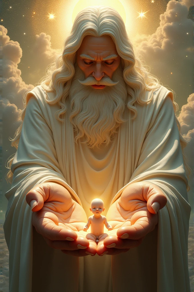 16k, 32k, UHD, masterpiece, best quality, upper body, God, who is super vast and gigantic, wearing white and shimmery gold robe, long white hair, white beard, holding a clay made Adam in his hand.