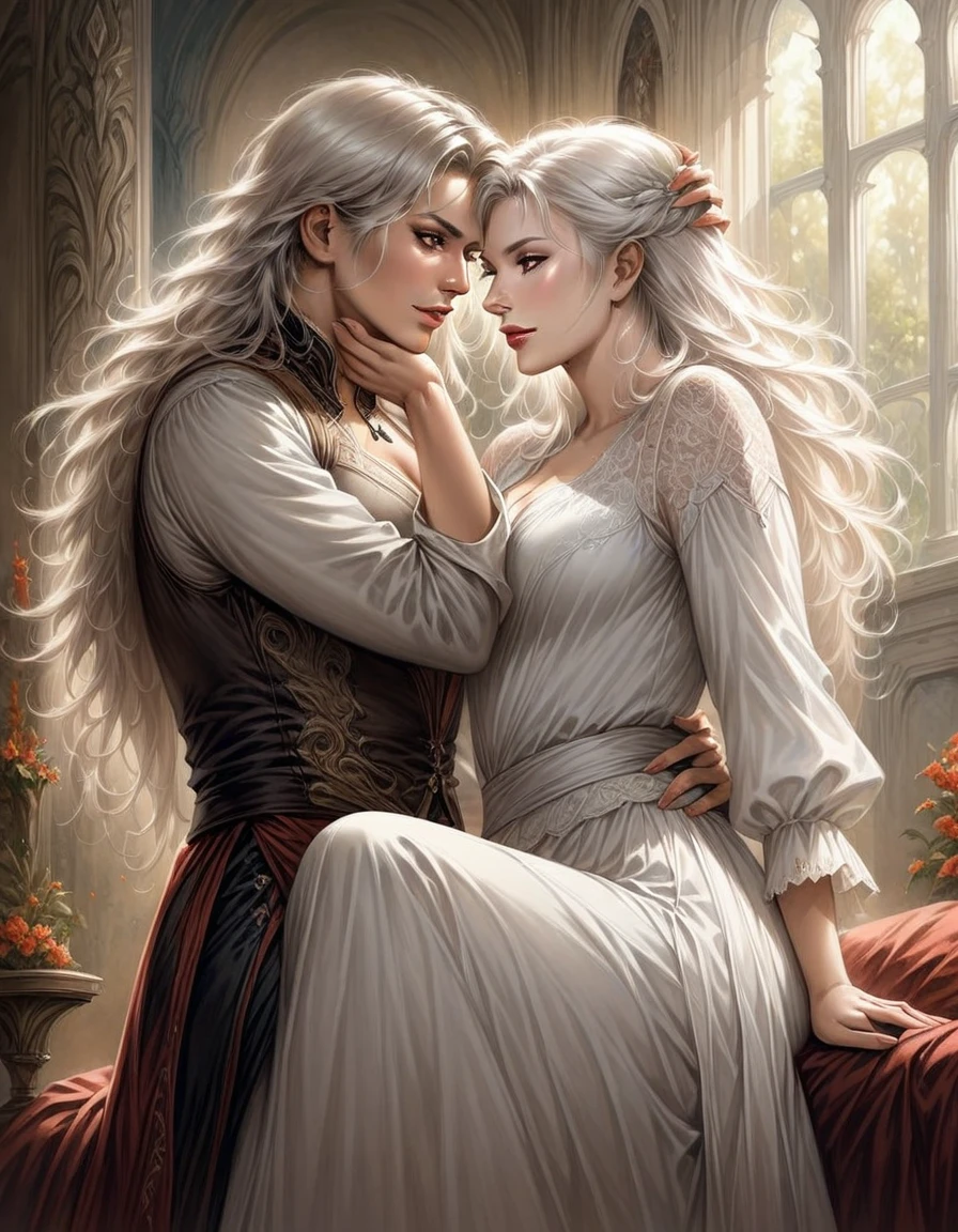 arafed woman with long  white hair sitting on a man's lap,  realistic fantasy illustration, ,  white haired,  white haired lady,  hyperrealistic fantasy art, ice and fire, intense  white hair,  romance novel cover,  photorealistic illustration ,  lesbian art ,  inspired by Hans Erney , super realistic painting , passionate pose,  white hair, flowing  white hair