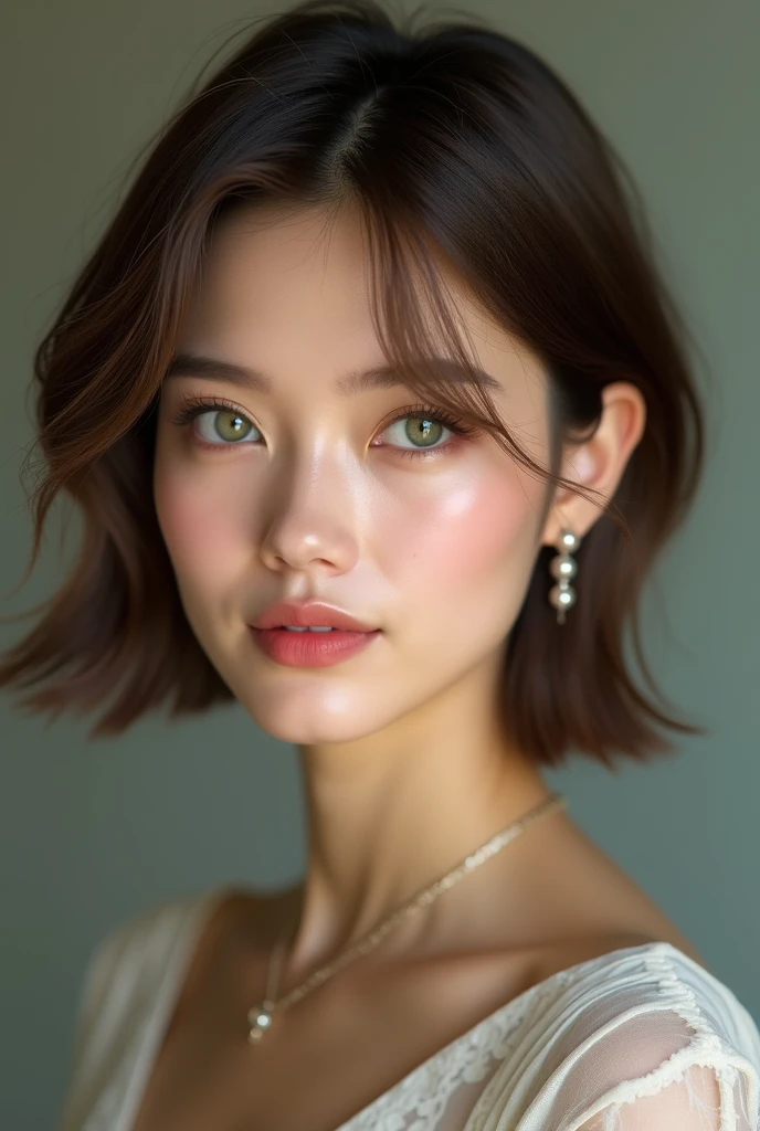 23-year-old women with short brown hair and green eyes