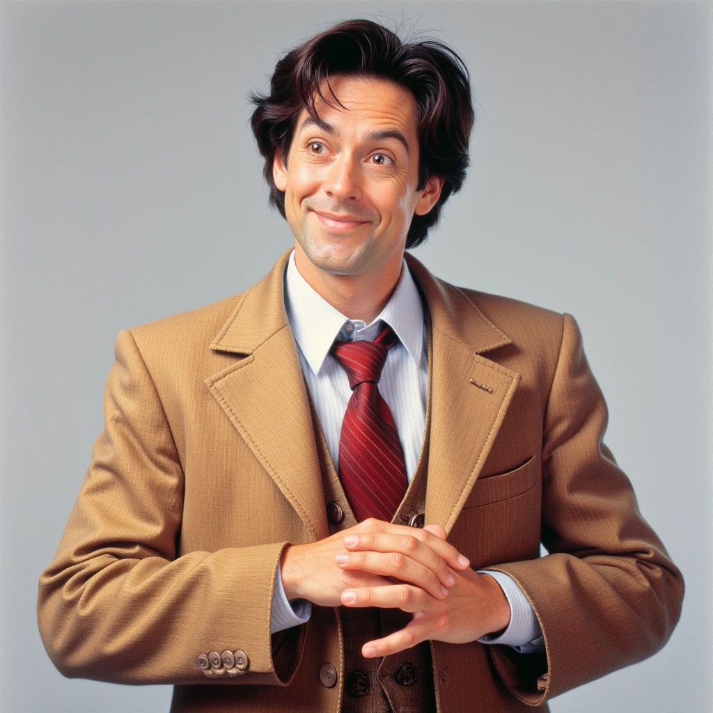 mrygp, A portrait of Jim Carrey as his character from the movie Liar Liar. He is dressed in a light brown suit with a white shirt and a deep red tie, his hair neatly combed back. With his signature playful smirk and raised eyebrows, he exudes the quirky charm and exaggerated expressions that define the character. His hands are clasped together in front of him, emphasizing the comedic and slightly mischievous nature of the role. The background is simple, keeping the focus on his iconic expression and polished appearance.