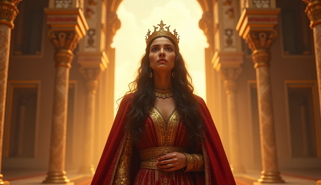 Create a vibrant and powerful image of Jezebel, the biblical queen, as if she is narrating her story directly to a camera. She should be positioned facing forward, with an expression of malevolence and determination. Dress her in richly ornate clothing in striking colors, such as deep reds and golds, which exude power and opulence.
The background should reflect the decadence and corruption of her reign, featuring symbols of Baal worship, altars, and elements that suggest an environment of idolatry and demonic rituals. Include details that showcase Jezebel's influence and control, such as prophets in danger or the construction of Baal temples, represented in the background or as part of the scene.
The camera should capture Jezebel in a commanding pose, demonstrating her cruelty and influence. The image should convey a sense of tension and drama, highlighting the significance of her narrative and the impact of her actions.