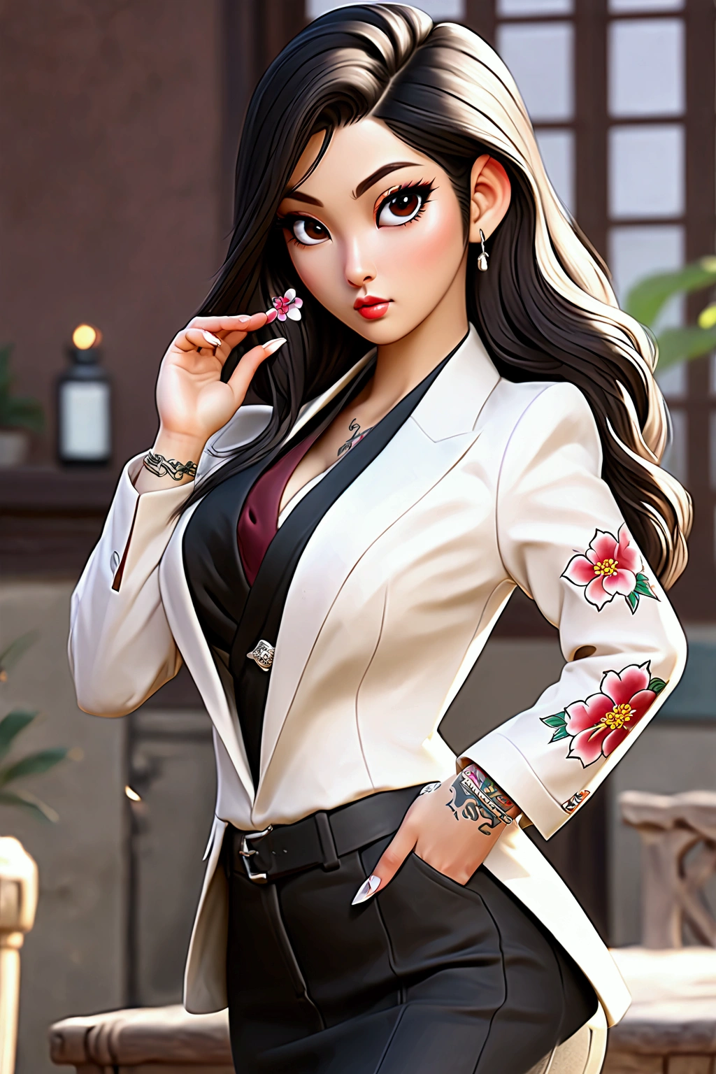 Create an image of the most stunningly gorgeous beautiful feminine young Korean yakuza, Korean yakuza tattoos, long flowing black hair, light makeup, lip gloss, stunningly gorgeous beautiful feminine face, perfect hour glass body figure, perfect breast, suit pants,  open suit jacket, 