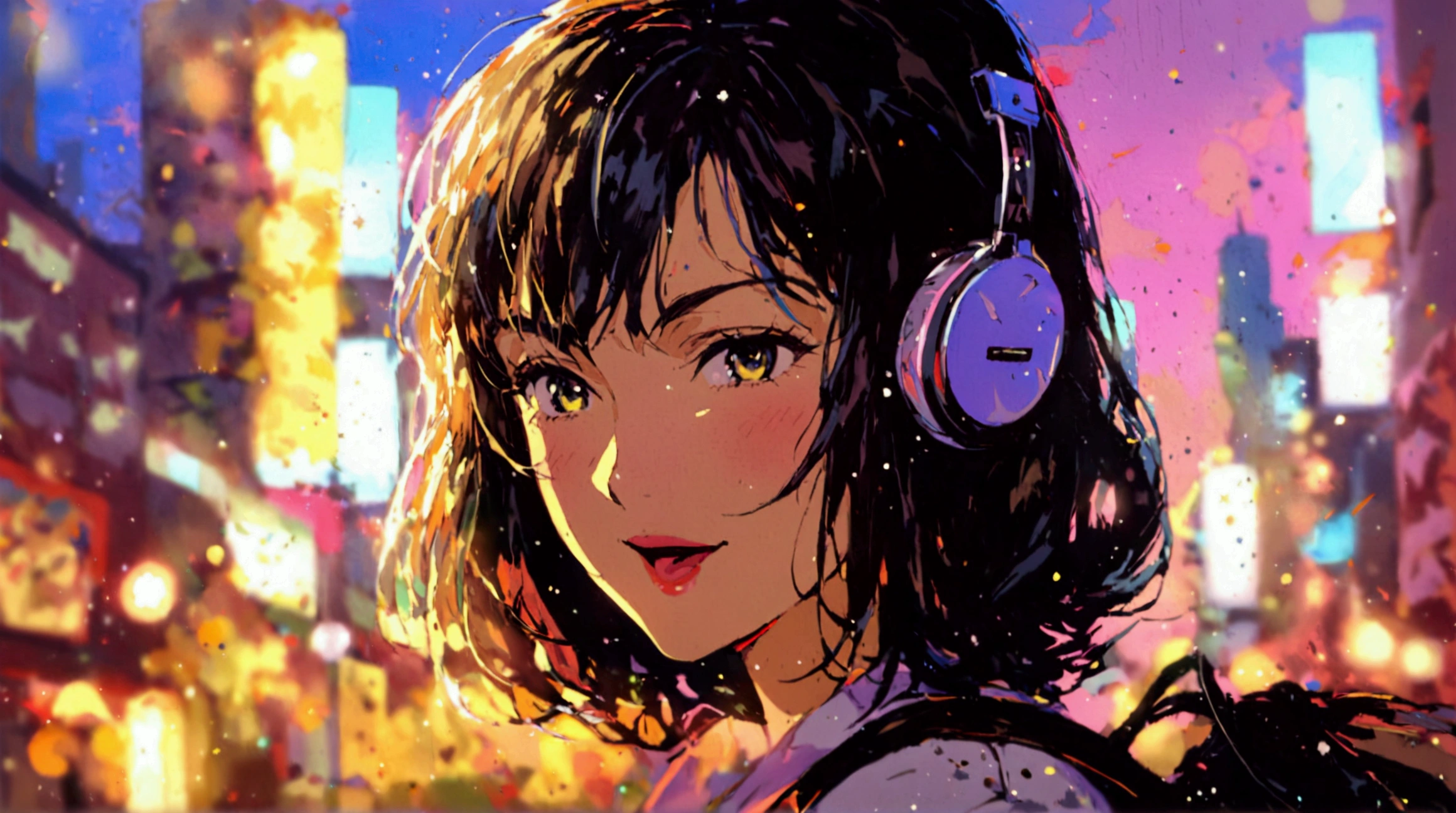 １９８０ era city pop style that goes big towards here A woman in the 。２０ generation is looking at this with a happy expression。 has a cassette tape in her hand and a woman in her 、An anime image of the 。