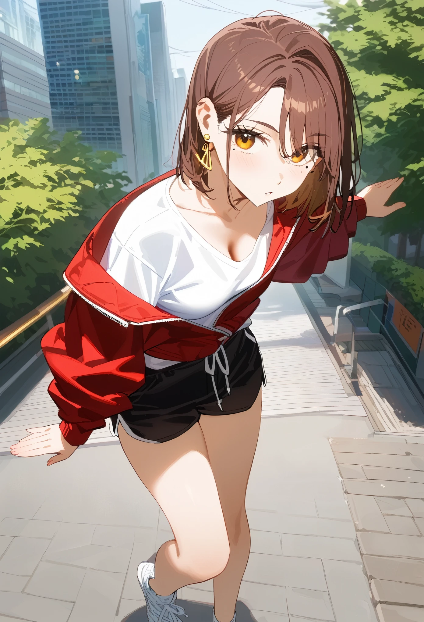 (masterpiece, best quality:1.2), 1 girl, alone, (adult, mature woman), tachibana kotoha, /(wind breaker/), looking at viewers, brown medium short hair, brown eyes, earrings, mole under left eye, parted lips, oversized white t-shirts, black shorts, fashion, cleavage, (pose, model, photoshoot), in the middle of japanese city, tokyo