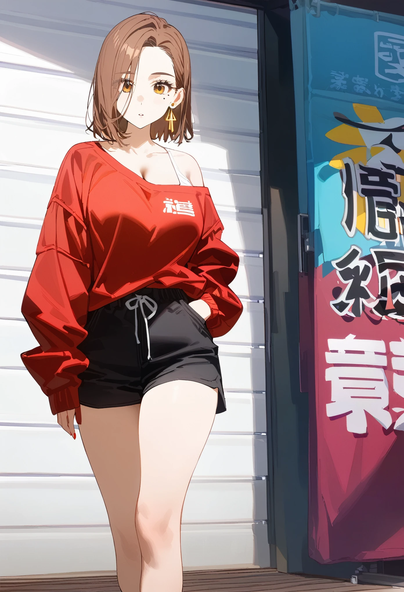 (masterpiece, best quality:1.2), 1 girl, alone, (adult, mature woman), tachibana kotoha, /(wind breaker/), looking at viewers, brown medium short hair, brown eyes, earrings, mole under left eye, parted lips, oversized white t-shirts, black shorts, fashion, cleavage, (pose, model, photoshoot), in the middle of japanese city, tokyo