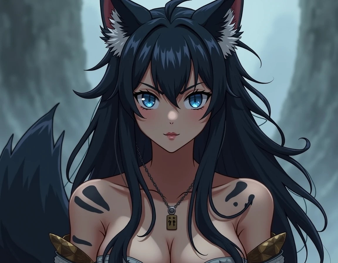 score_9, score_8_up, score_7_up, score_6_up, score_questionable, censored, vintage, 1990s \(style\), upper body, 1girl, pretty, seductive, dark skin, (long straight hair:1.2), black hair, black animal ears, (heterochromia:1.25), toned, (hair fur over breasts:1.4), looking at viewer, (facing viewer:1.2), tail, beautiful face, detailed eyes