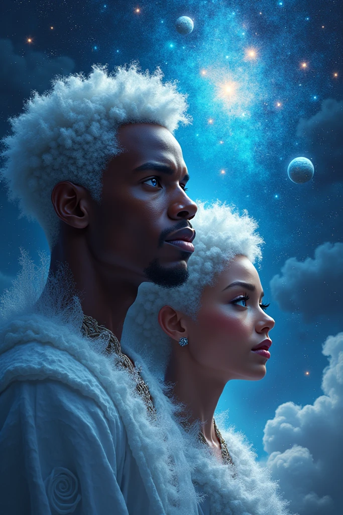 Happy elderly black man and elderly black woman floating in outer space drinking wine surrounded by floating glistening particles, glowing stars with iridescent light, highly detailed images, vibrant beautiful colours, photorealistic image, 8k, ultra HD, unreal engine rendered, cinematic lighting, artgerm style,