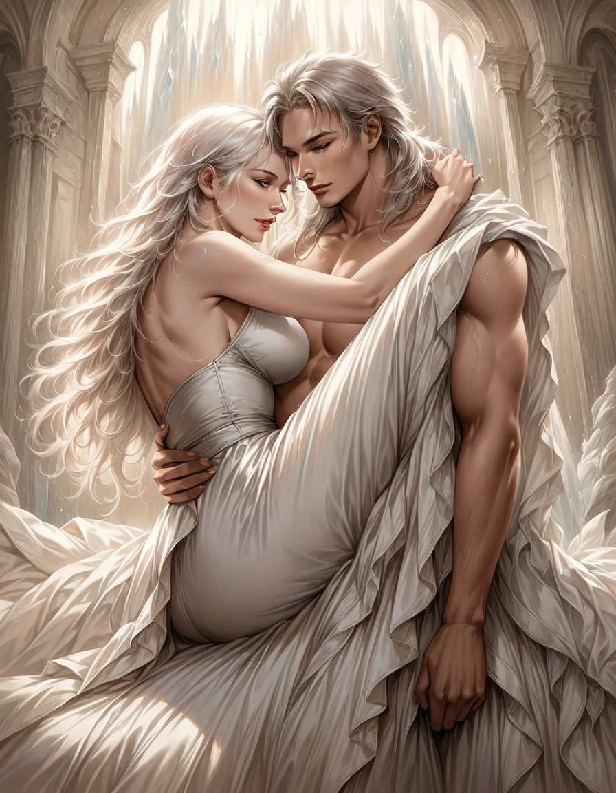 arafed woman with long  white hair sitting on a man's lap,  realistic fantasy illustration, ,  white haired,  white haired lady,  hyperrealistic fantasy art, ice and fire, intense  white hair,  romance novel cover,  photorealistic illustration ,  lesbian art ,  inspired by Hans Erney , super realistic painting , passionate pose,  white hair, flowing  white hair