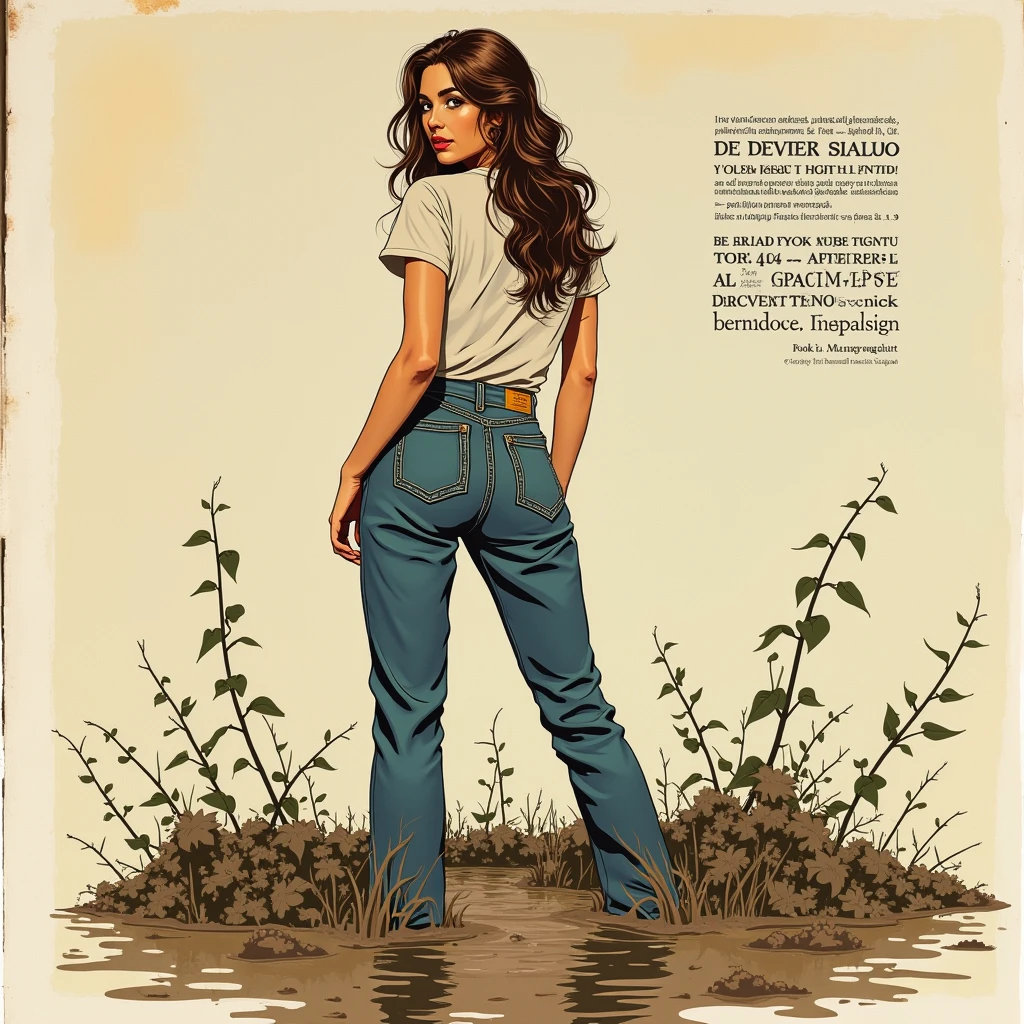 90s vintage glamour magazine setting, illustration with text and schema, mud-covered high-waisted vintage sexy levis jeans  and t-shirt, woman drowning deep in mud, attention-grabbing, sensation, abstract background, artistic posing, looks back