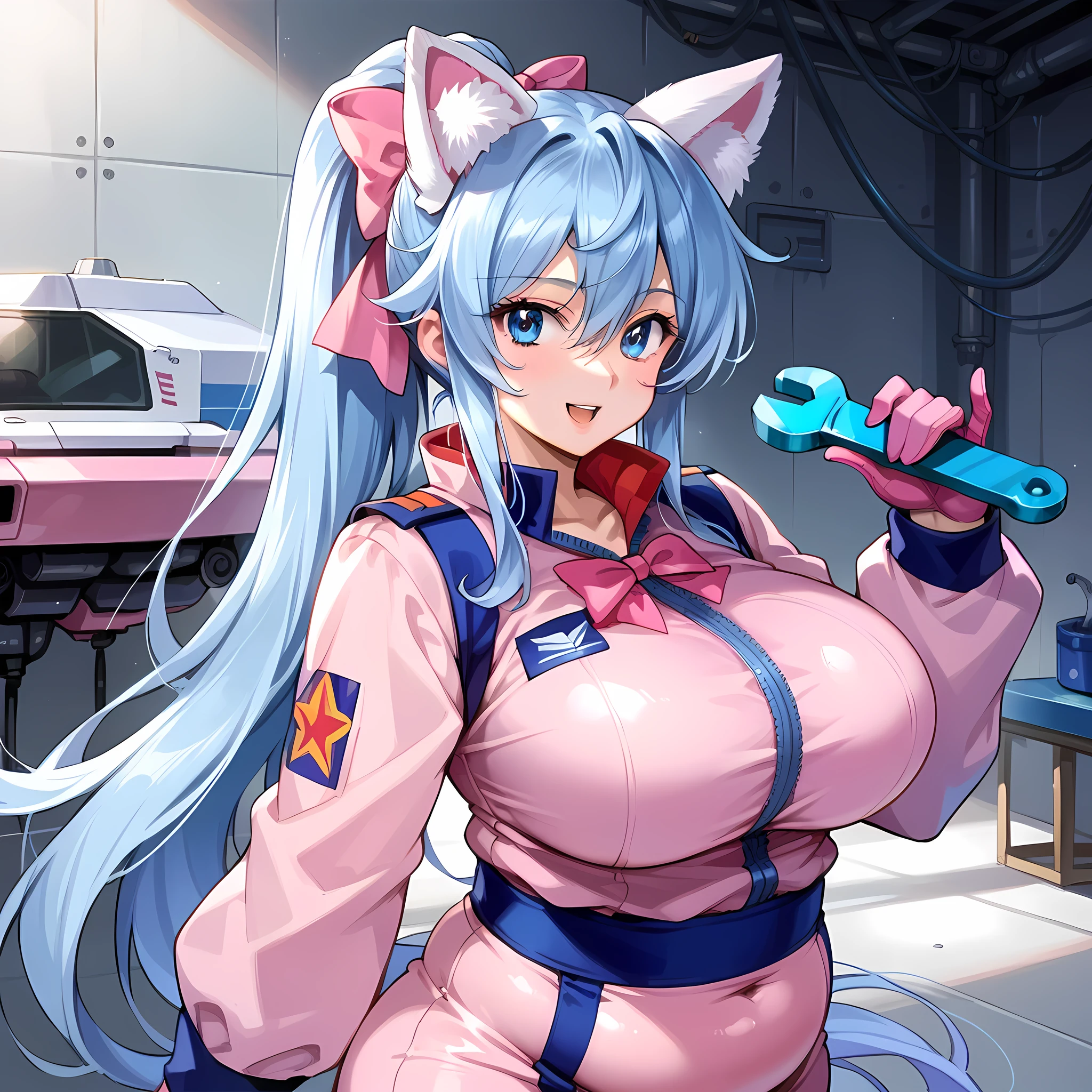 score_9, score_8_up, score_7_up,source_anime,BREAK, gundam_seed, 1girl. Adult woman, She has very long light blue hair ponytail, bright blue eyes, pink (mechanical cat ears), round face, pink bow in her hair. she is (FAT) and chubby, with extra large breasts, (plump belly), wide waist, thick arms, wearing purple zip up mechanic coveralls, gloves, long sleeves, pants.  In a maintenance bay, holding a wrench, working on a large machine, grease spots on her clothes. confident proud, focused on what she’s doing. masterpiece,best quality,amazing quality, mechanical background, machines and power equipment