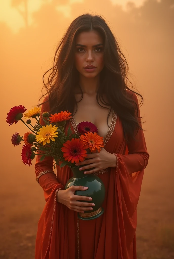 mexican beautiful fashion nude orange-haired women, basket in the hands looking front no flowers in the head not traditional