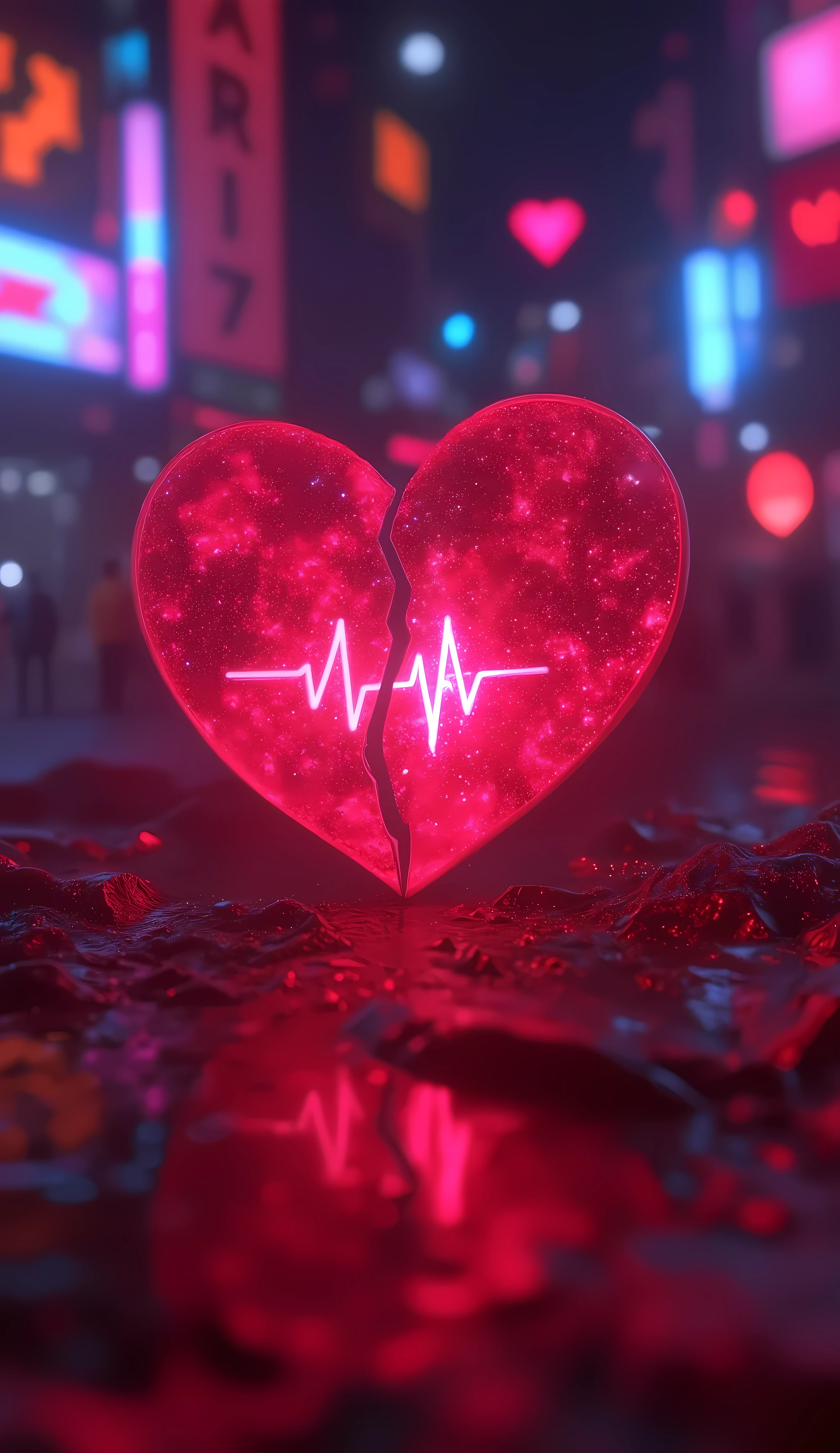  Neon Glow Lighting, Soft internal luminescence lost by a delicate heart , Xu々 broken in two, red, Dynamic Heartbeat ,