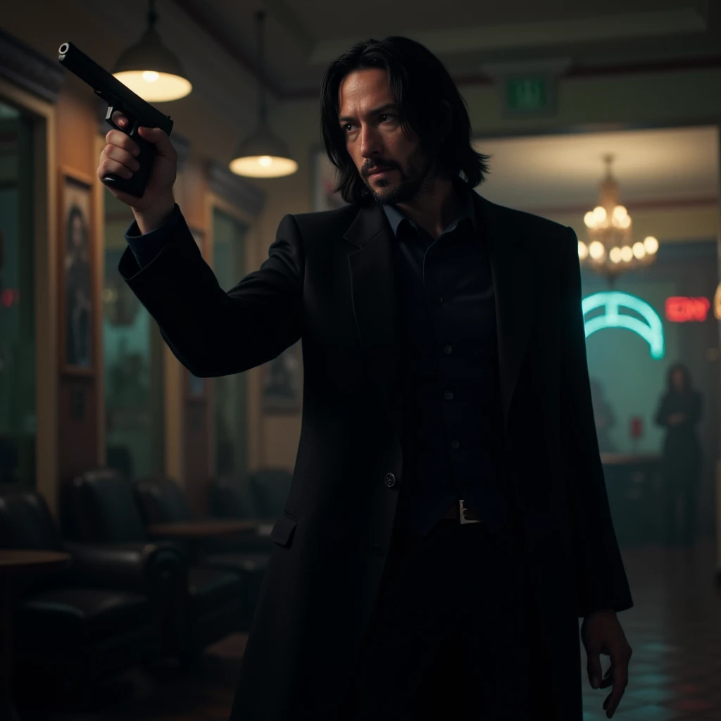 mrygp, John Wick, man in a dark suit, stands in a dimly lit room, dressed in a sleek, dark suit, holding a pistol with precision and focus. His long, dark hair falls slightly over his face, and his expression is intense and determined. The background is filled with soft, blurred neon lights, creating a moody and tense atmosphere. The faint glow reflects off his suit and weapon, emphasizing the dangerous and calculated presence of the legendary assassin as he prepares for his next move.