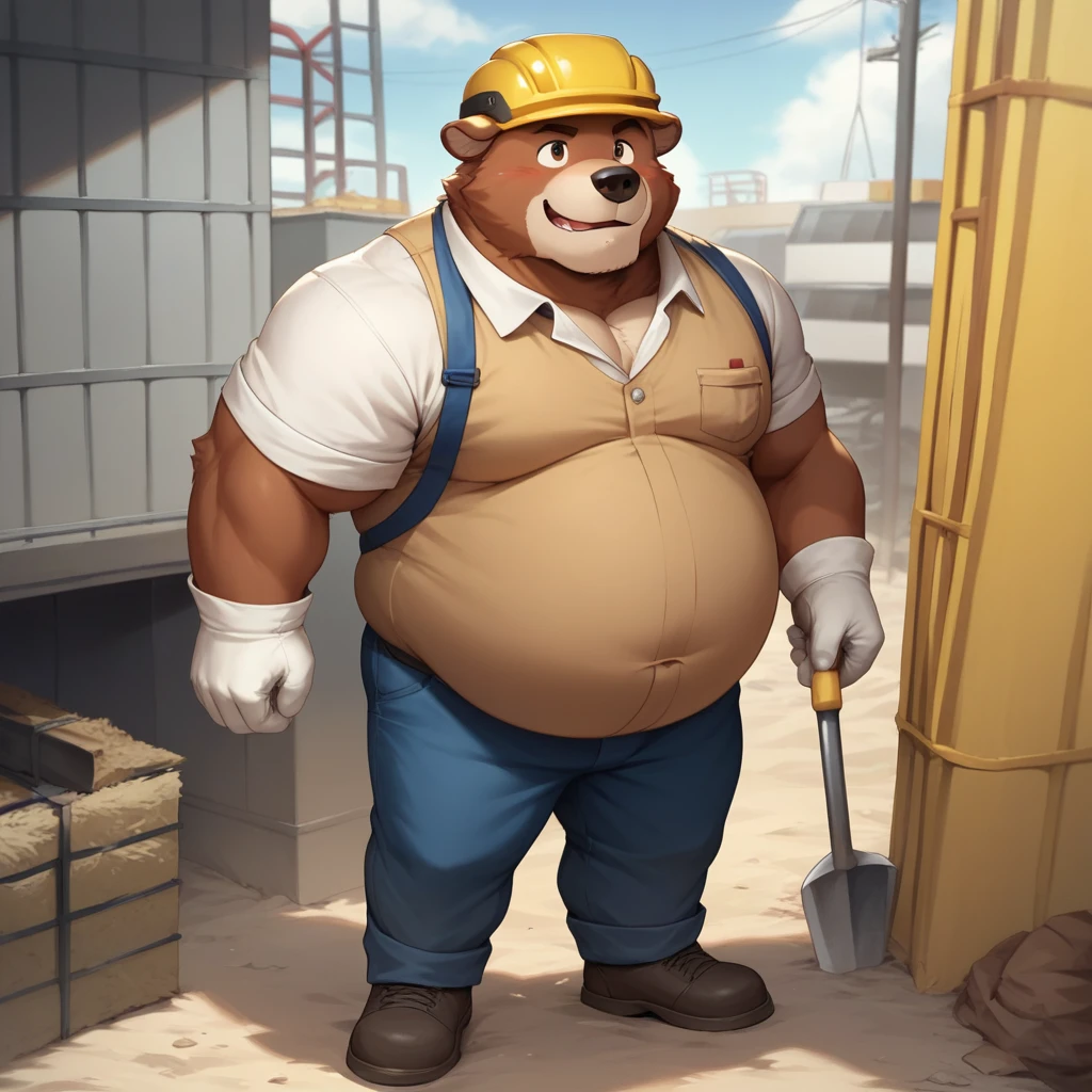 furry, male, brown bear, construction worker,no tops, blue short pants, full body, yellow helmet, white gloves, middle aged, plump, big, big belly, thick, overweight, muscular, heavy, large, mature, detailed, masterpeice, round belly, by hyaku ,by darkgem, by glitter trap boy