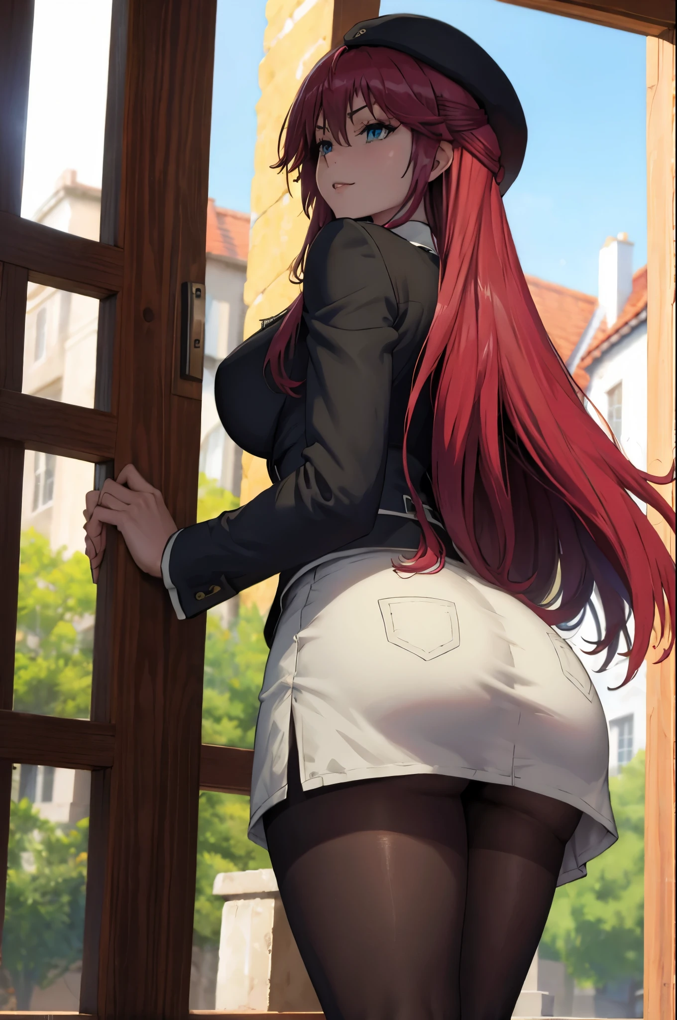 ((plump breasts)), (jambes grasses), ((hills)), ((perfect hands)), ((glossy pantyhose)), (finely detailed eyes and detailed face:1.3), (extremely fine and beautiful:1.1), (Perfect details:1.1), Lilith Asami, Trinity Seven, long hair, red hair, blue eyes, school uniform, shirt, skirt, jacket, necktie, sexy woman,  adult, smile, outdoors, ((glossy black pantyhose)), (view from below), (view from behind)