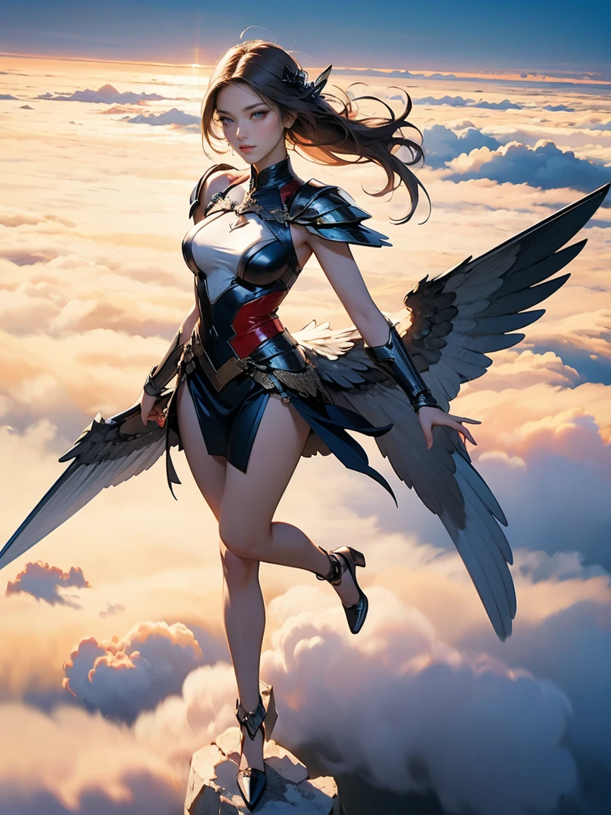 Colorful hawk wings and beautiful girl (planet and moon in the sky) masterpiece HD quality (realism)