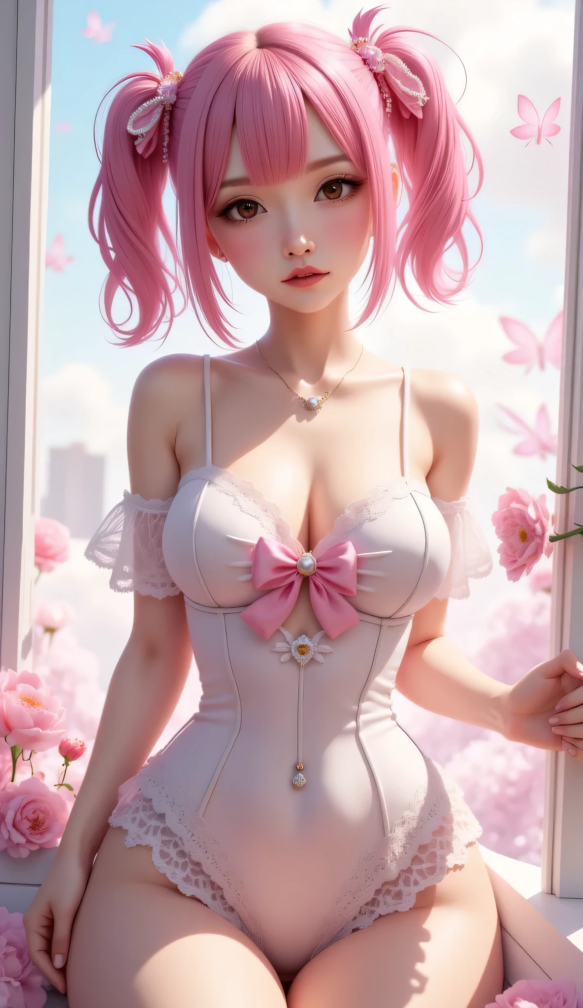 big expressive eyes, cute face with soft skin, pink hair, tied into two neat ponytails, and always wears some kind of cute dress with lace and bows, cleavage, small breasts