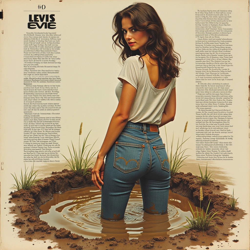 90s vintage glamour magazine setting, illustration with text and schema, mud-covered high-waisted vintage sexy levis embroidery jeans  and t-shirt, woman drowning deep in mud, attention-grabbing, sensation, abstract background, artistic posing, looks back