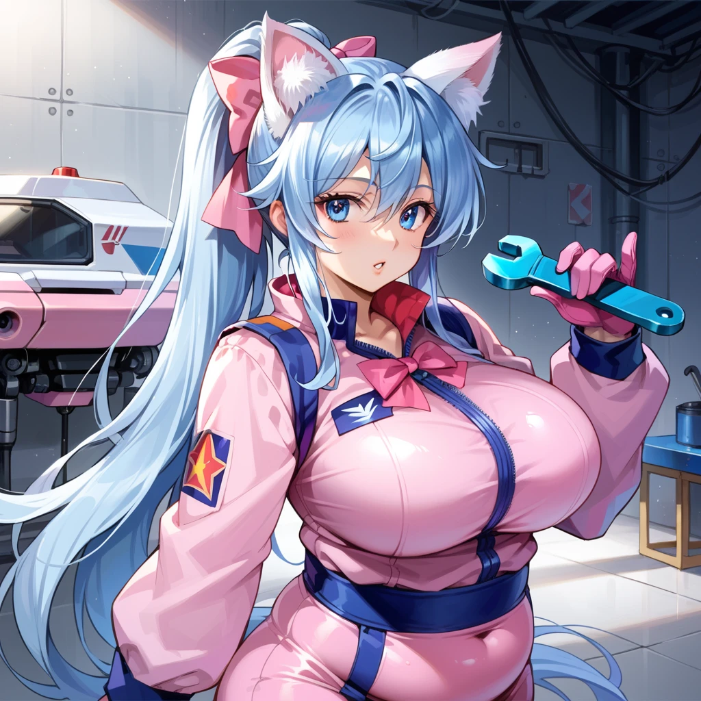 score_9, score_8_up, score_7_up,source_anime,BREAK, gundam_seed, 1girl. Adult woman, She has very long light blue hair ponytail, bright blue eyes, pink (mechanical cat ears), round face, pink bow in her hair. she is (FAT) and chubby, with extra large breasts, (plump belly), wide waist, thick arms, wearing purple zip up mechanic coveralls, gloves, long sleeves, pants.  In a maintenance bay, holding a wrench, working on a large machine, grease spots on her clothes. confident proud, focused on what she’s doing. masterpiece,best quality,amazing quality, mechanical background, machines and power equipment