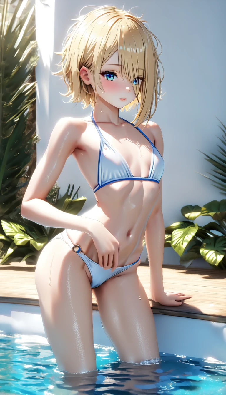 1girl in, blonde  hair, Long,  a smile, embarrassed from, red blush, maikurobikini, Kuikomi, full bodyesbian, Squat, SQUATTING on the ground, opening legs, open one's legs, Thrust your hips, high-heels, hands behind head, Armpit Pose, on  back, in poolside, perfect  eyes, perfect hand, 超A high resolution, Movie angle, profetional lighting, top-quality, ​masterpiece, side lights, sharp, Perfect focus, bokeh dof, Photorealsitic, (Beautiful eye for fine details:1.3), realisitic, (3D顔:1.1), (shinny skin:1.5), (Complex facial details in ultra-high resolution), (Pores on the skin of the face:1.3), Ultra-high resolution fabric texture、8k eye details、8K pupil、