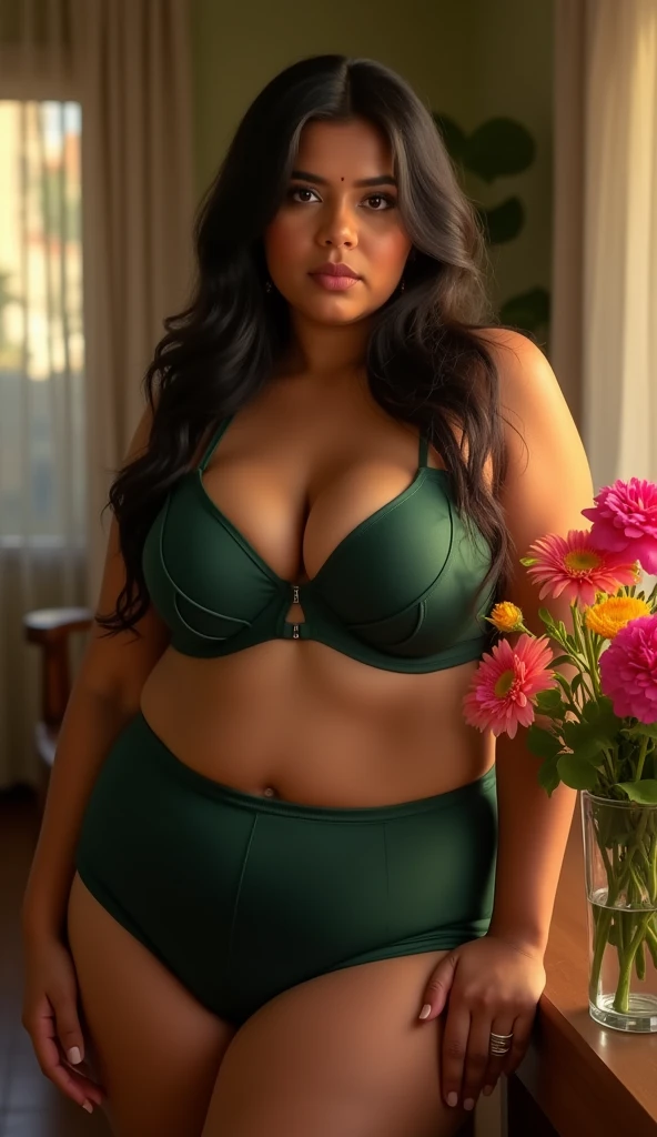 Indian woman athletic body, (voluptuous body:1.2), (ssmile, white teeth) (skin fair), glowing skin, ((breasts big:1.37), bountiful breasts, firm breasts), (((lingerie:1.27) (leaf green with lace details))), (camel toe:1.37), STONE NECKLACE, hoop earring, (hair stuck), rivers of India, sultry posing