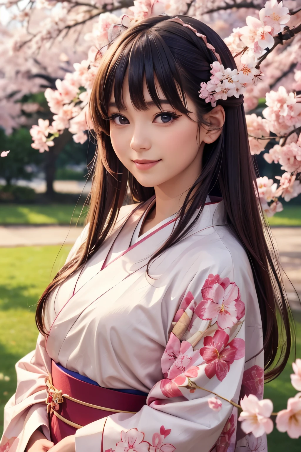 A beautiful young Japanese woman in traditional spring attire, long straight shoulder-length hair, pink kimono with sakura details, expressive eyes, smiling, (best quality,4k,8k,highres,masterpiece:1.2),ultra-detailed,(realistic,photorealistic,photo-realistic:1.37),intricate details,exquisite kimono fabric,delicate facial features,warm lighting,vibrant colors,cinematic composition,elegant pose,serene atmosphere, sakura background, sakura blossons falling