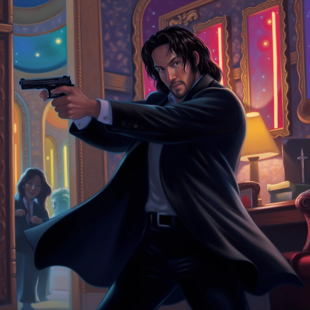 mrygp, An illustration of John Wick, rendered in the distinctive style of Mary GrandPré. He stands in a dimly lit room, dressed in a sleek, dark suit, holding a pistol with precision and focus. His long, dark hair falls slightly over his face, and his intense, determined expression is captured with dramatic, flowing lines. The background features soft, painterly strokes of blurred neon lights, adding a vibrant yet moody atmosphere. The faint glow of the lights reflects off his suit and weapon, emphasizing his dangerous and calculated presence, while the dynamic composition and rich color palette evoke the signature essence of Mary GrandPré’s artwork.